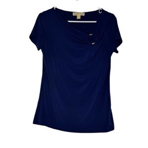 Michael Kors Navy Short Sleeve Draped Neck Tee with Silver Ring Detail medium M
